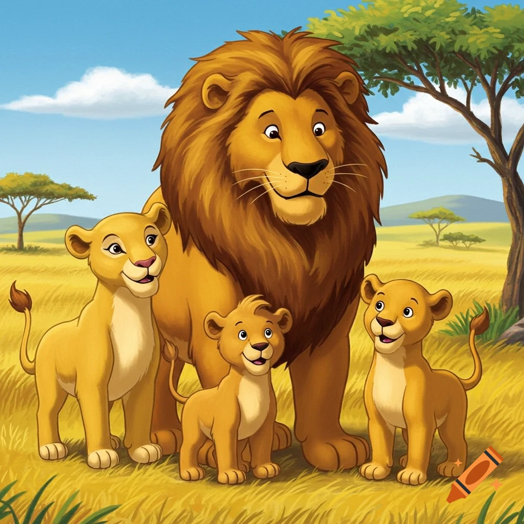 A cartoon family of lions, with a father, mother, and two cubs, stands in a golden savanna landscape under a blue sky.