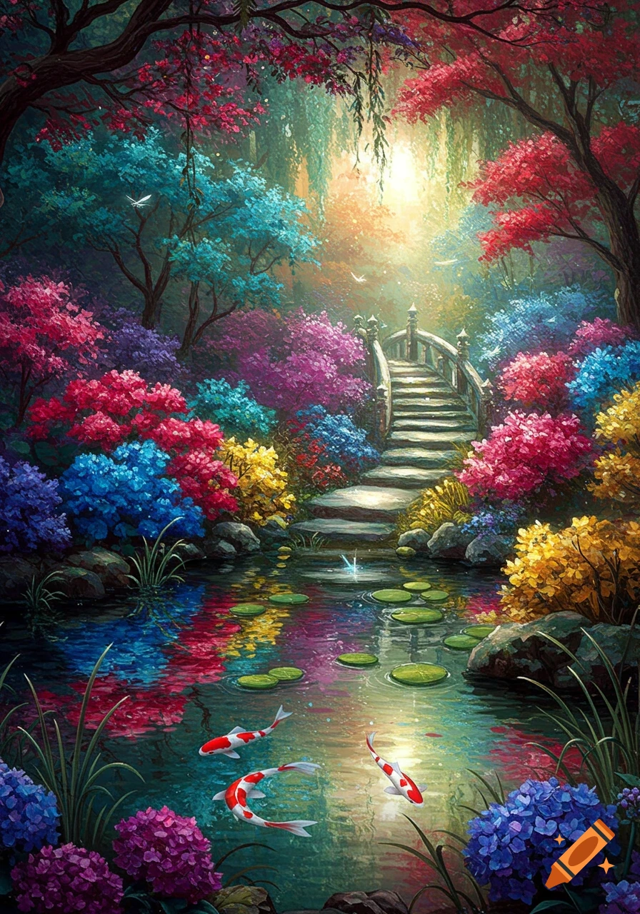Vibrant fantasy landscape painting of a stone bridge over a pond with colorful trees, lily pads, and koi fish.