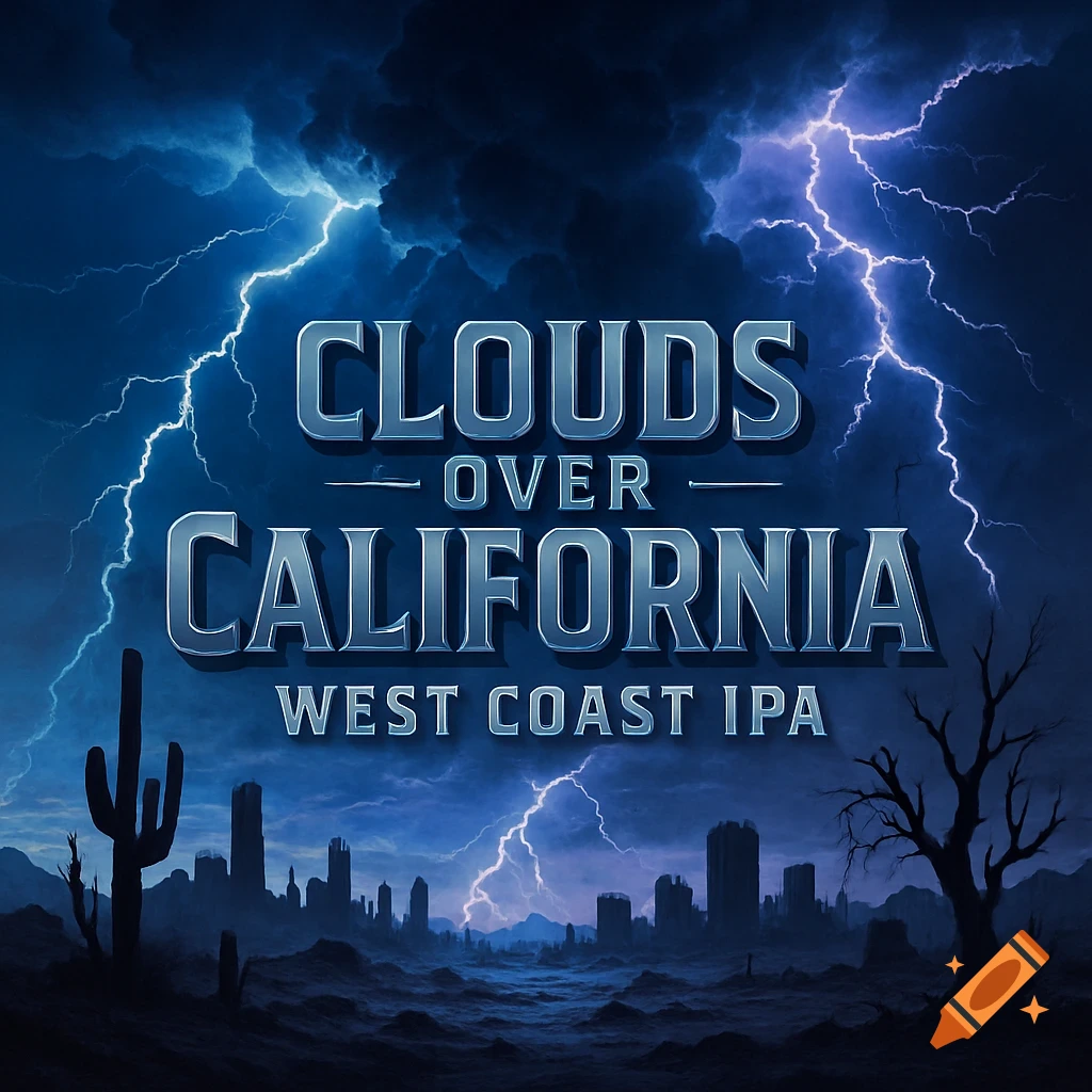 A stormy, apocalyptic landscape with lightning, a city skyline, a cactus, and a dead tree, featuring the text 'CLOUDS OVER CALIFORNIA WEST COAST IPA'.