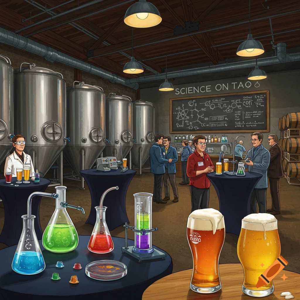 An illustration of a "Science on Tap" event in a brewery, featuring scientists, large fermentation tanks, beakers with colorful liquids, and glasses of beer.