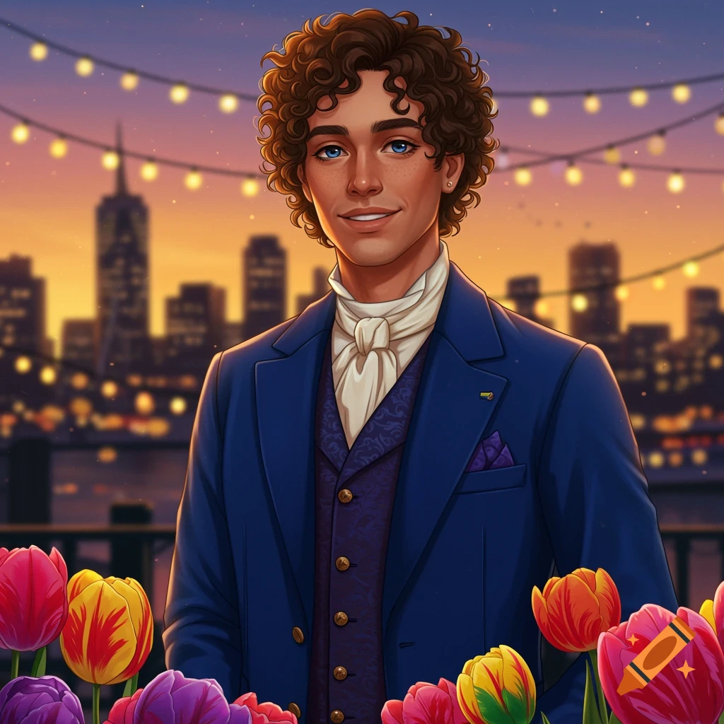 An illustration of a smiling man with curly hair in a blue suit, standing outdoors at sunset with a city skyline and tulips.