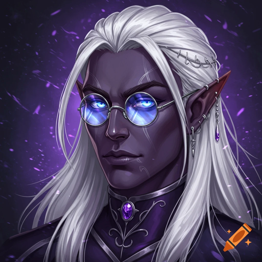 Digital painting of a male Drow elf sorcerer with white hair, dark skin, and glowing blue eyes behind round, tinted glasses.