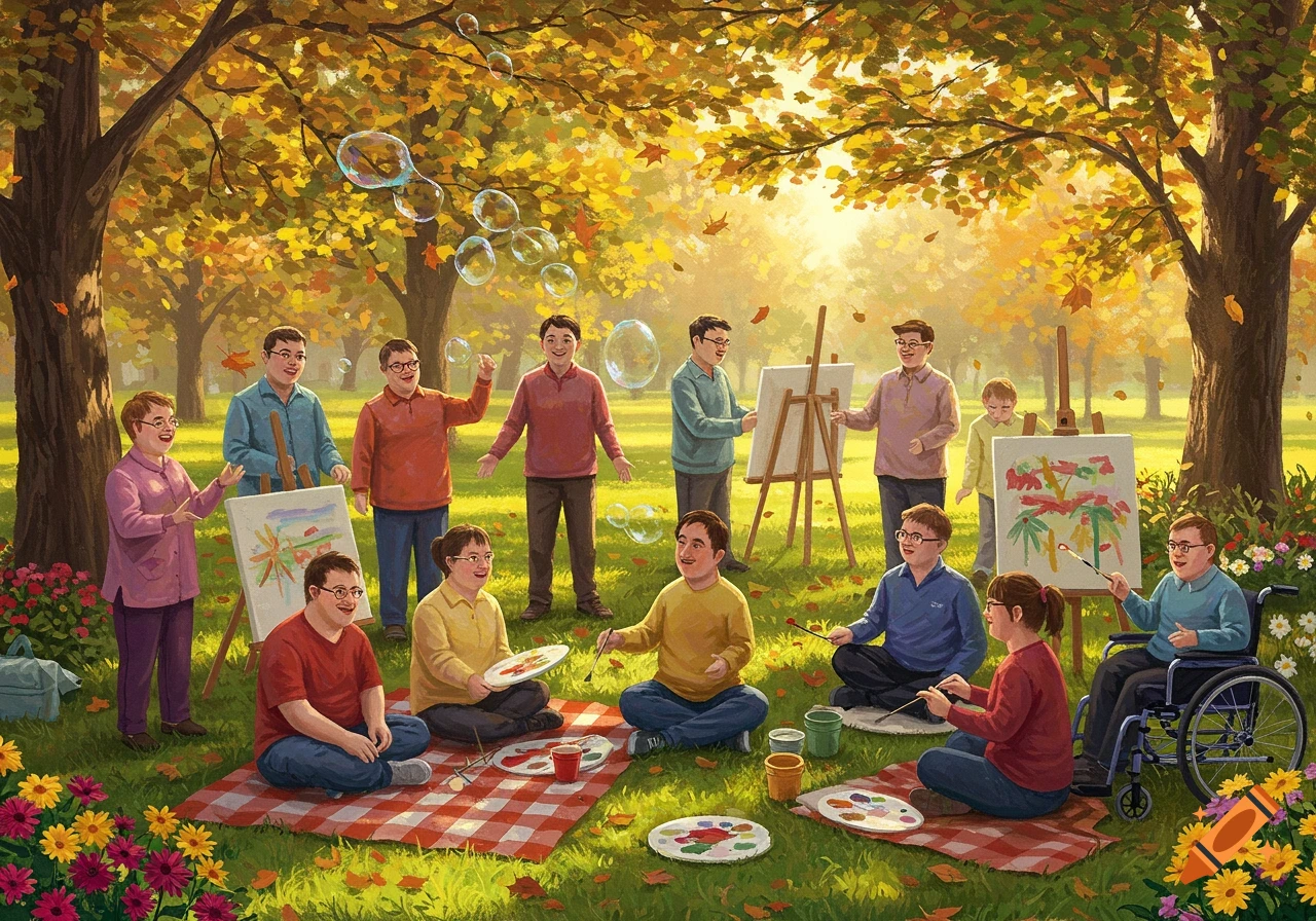 A group of happy individuals with Down syndrome gather in an autumn park, painting on canvases and enjoying bubbles and a picnic.
