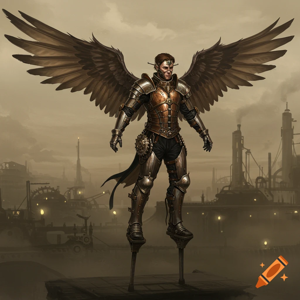 A man in detailed steampunk armor with large wings stands on stilts in an industrial city.