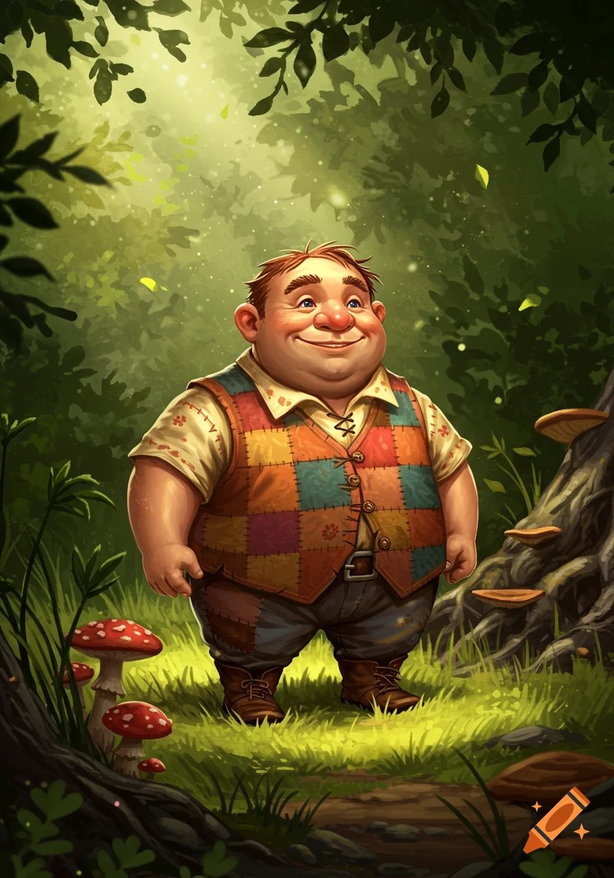 A chubby, smiling cartoon man with a patchwork vest stands in a sun-dappled forest with red mushrooms.