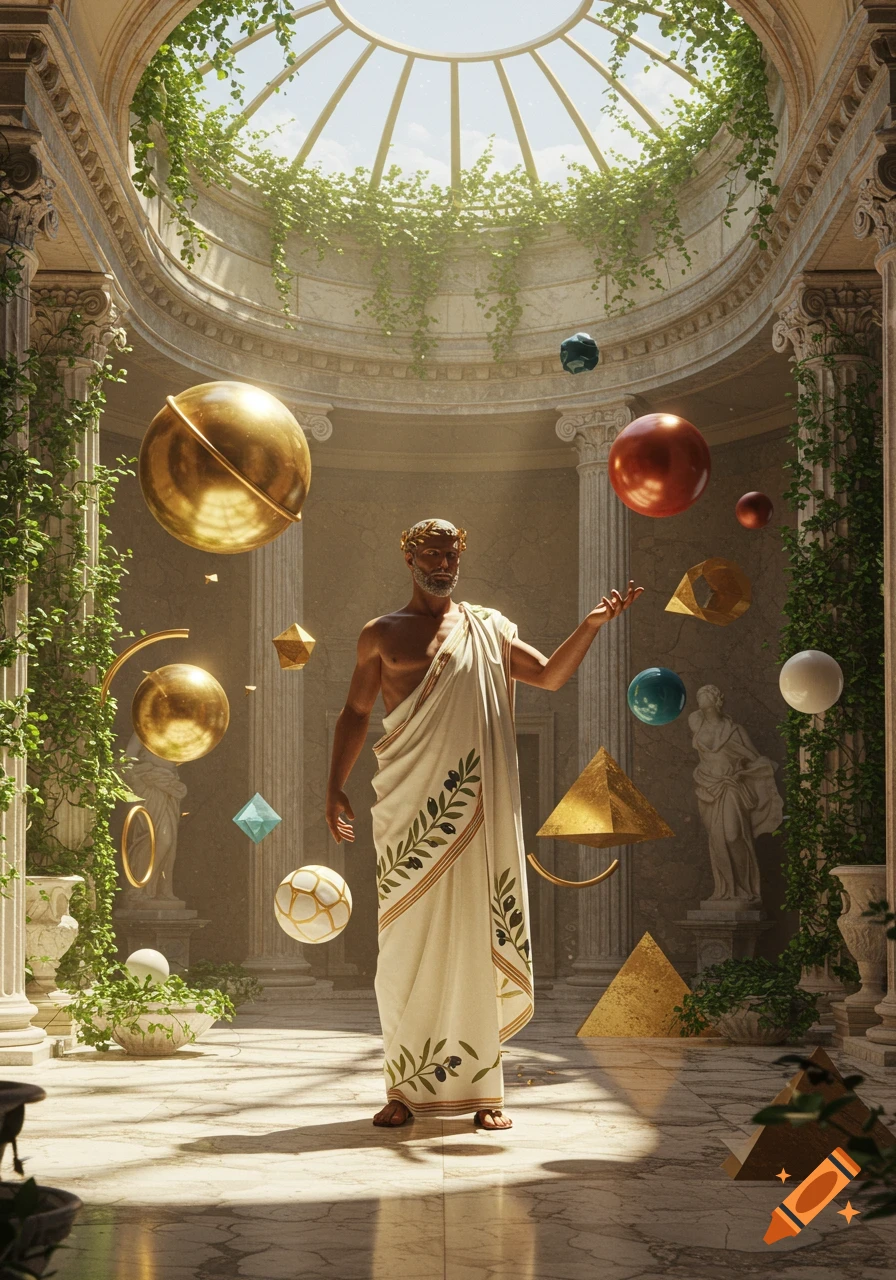 A man in a toga stands in a sunlit classical domed hall overgrown with ivy, gesturing to an array of floating geometric shapes.