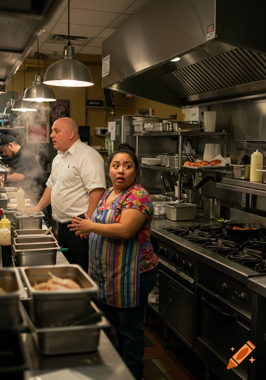 A surprised woman in a striped apron and a bald man stand in a busy commercial kitchen among stainless steel equipment.