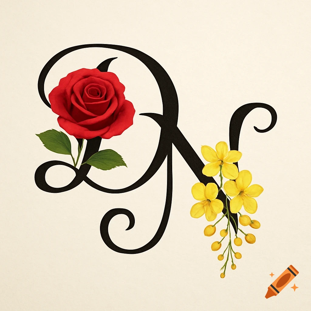 A stylized black letter N adorned with a red rose and green leaves on the left, and yellow flowers on the right, on a light cream background.