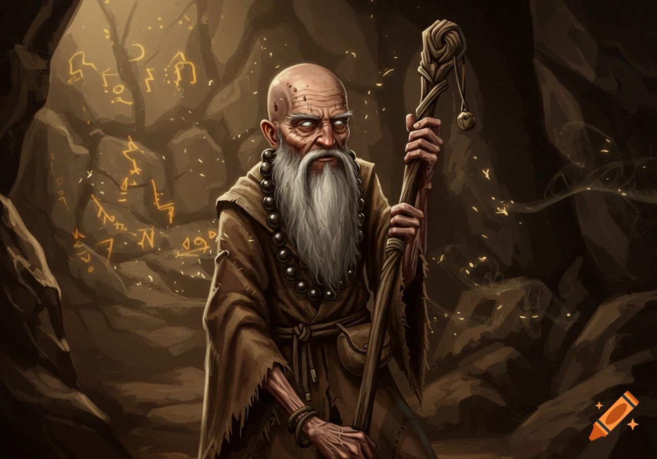 An old, bald, and frail man with a long white beard, wearing a brown robe and beads, holds a staff in a dim cave with glowing symbols.