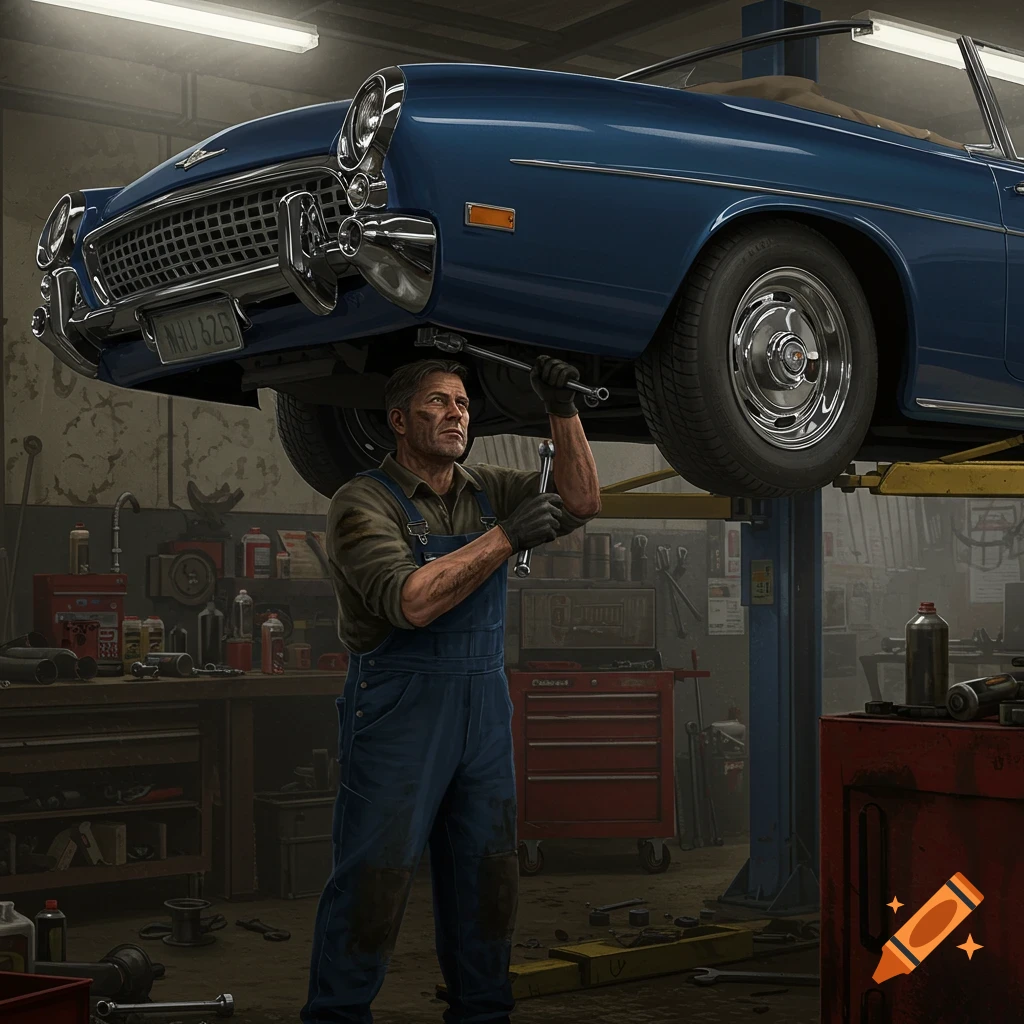 A photorealistic image of a dirty mechanic working on a classic blue car lifted on a hoist in a garage.