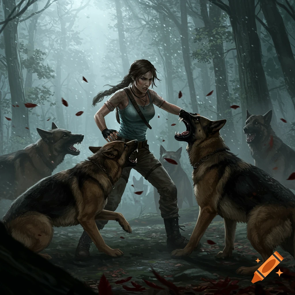 Lara Croft confronts a pack of snarling German Shepherds in a misty, dark forest in a digital illustration.