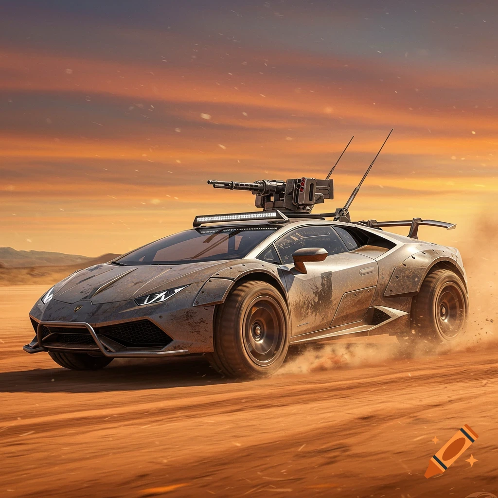 A rugged, armored Lamborghini Huracán with large off-road tires and roof-mounted guns drives through a dusty desert at sunset.