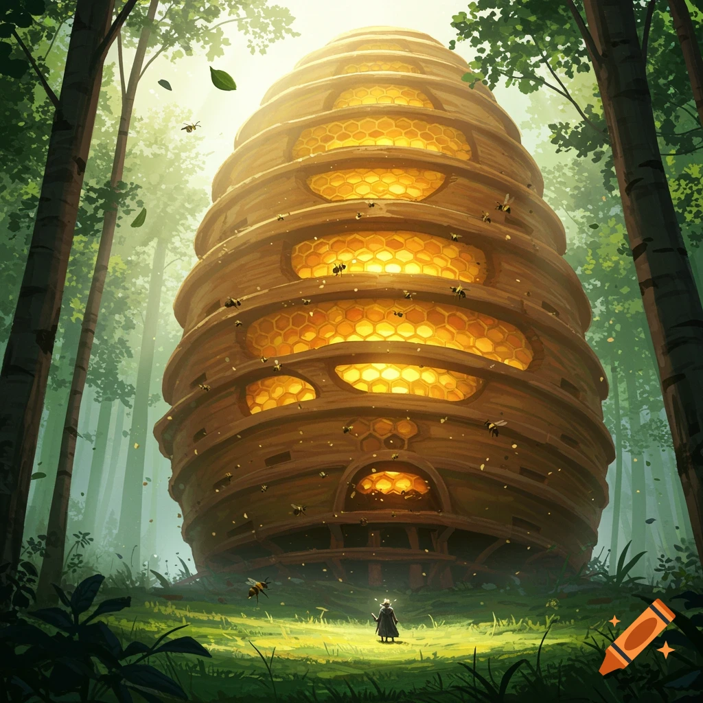 A giant, glowing wooden beehive stands majestically in a lush, sun-dappled forest, with a small figure looking up. Bees fly around the hive.