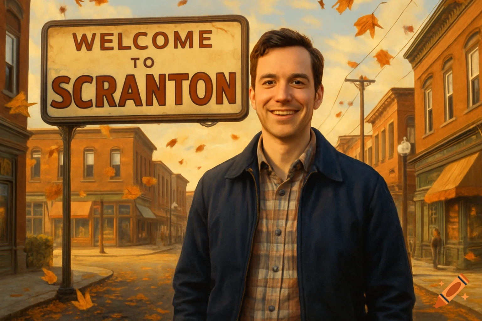 A smiling man in a blue jacket and plaid shirt stands in front of a "Welcome to Scranton" sign. Autumn leaves fall around him, and brick buildings line the street behind him.
