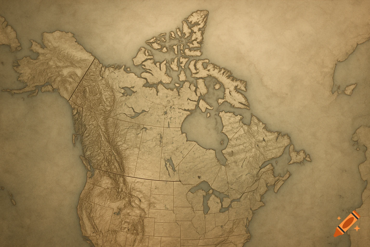A vintage-style topographical map of Canada on an aged parchment background.
