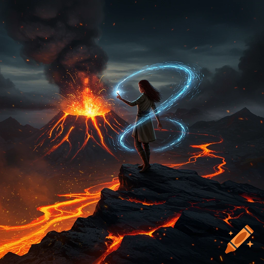 A sorceress stands on a rocky cliff, conjuring blue magic above an erupting volcano with lava flowing.