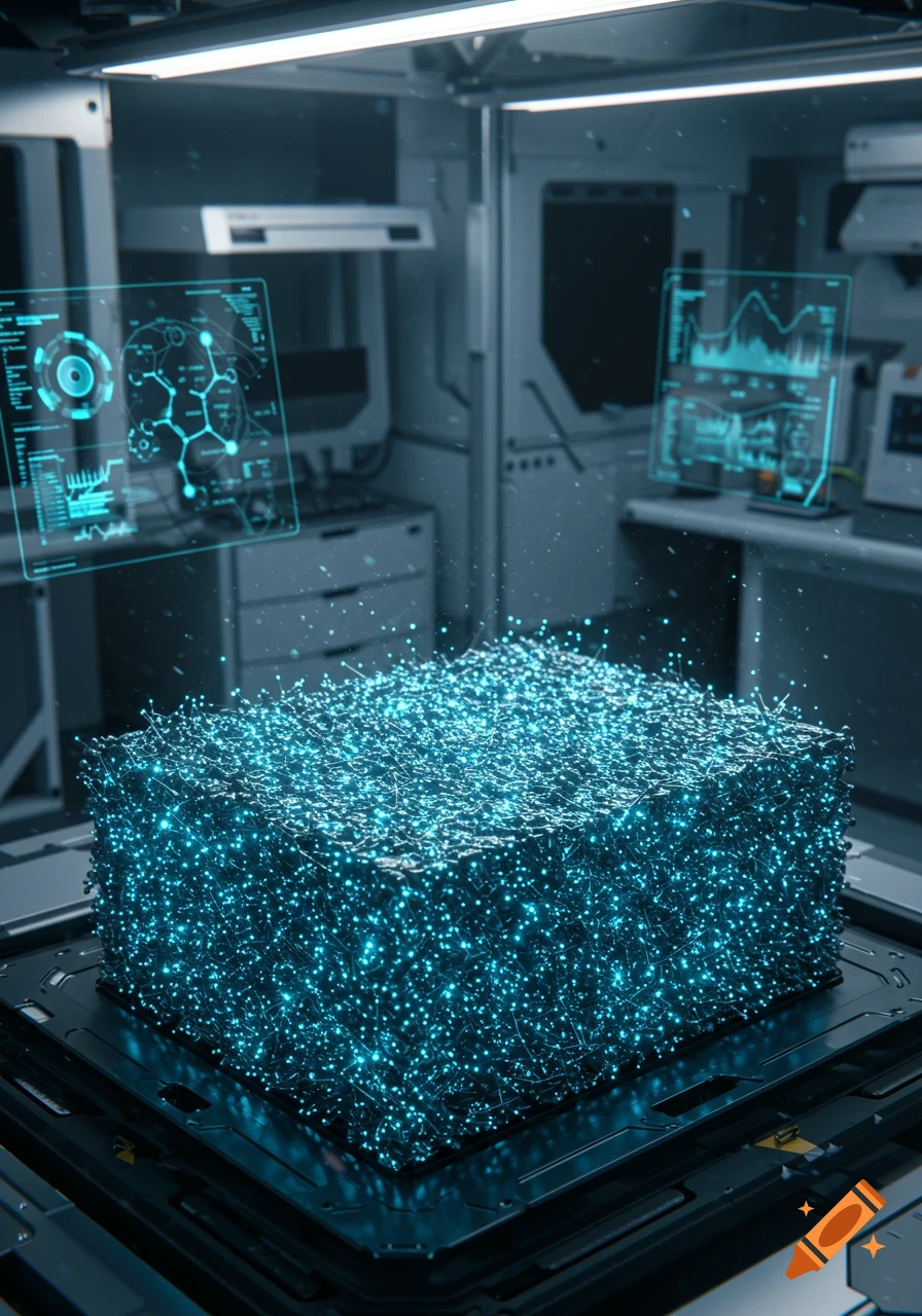 A glowing blue cube of nanoscale particles in a futuristic laboratory with holographic data screens.