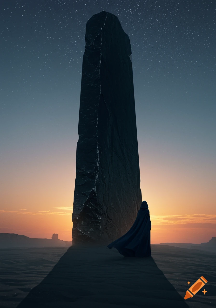 A cloaked figure stands before a towering black monolith in a desert landscape at dusk with a starry sky.