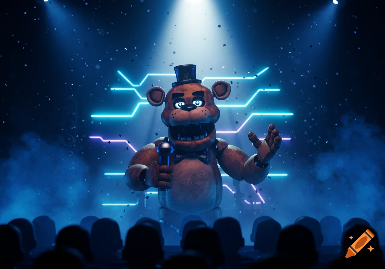 Freddy Fazbear on a dark stage with spotlights, holding a microphone and gesturing to a blurred audience, with neon lights and falling confetti.