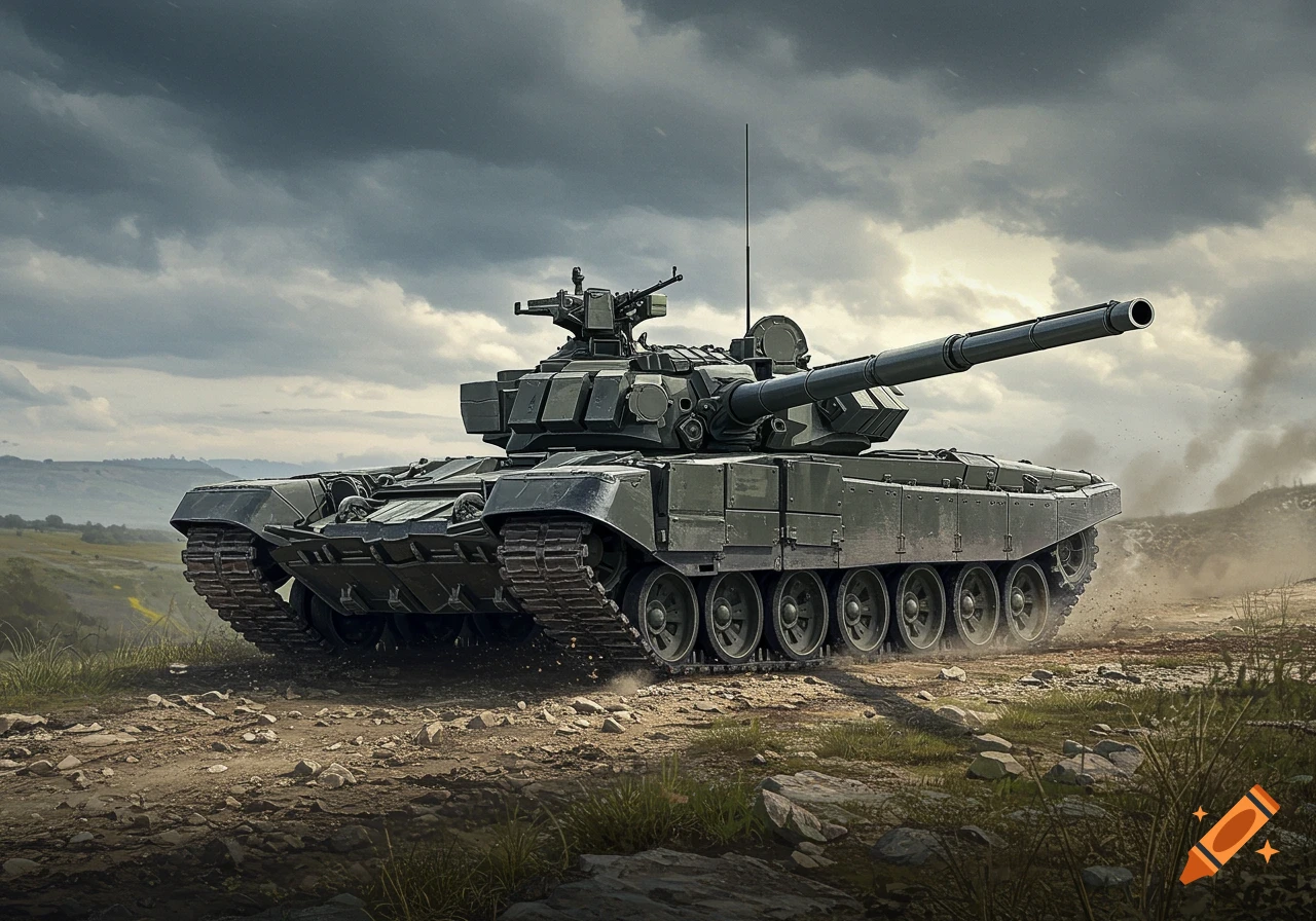 A photorealistic image of a T-90M tank on a dirt road under a cloudy sky.