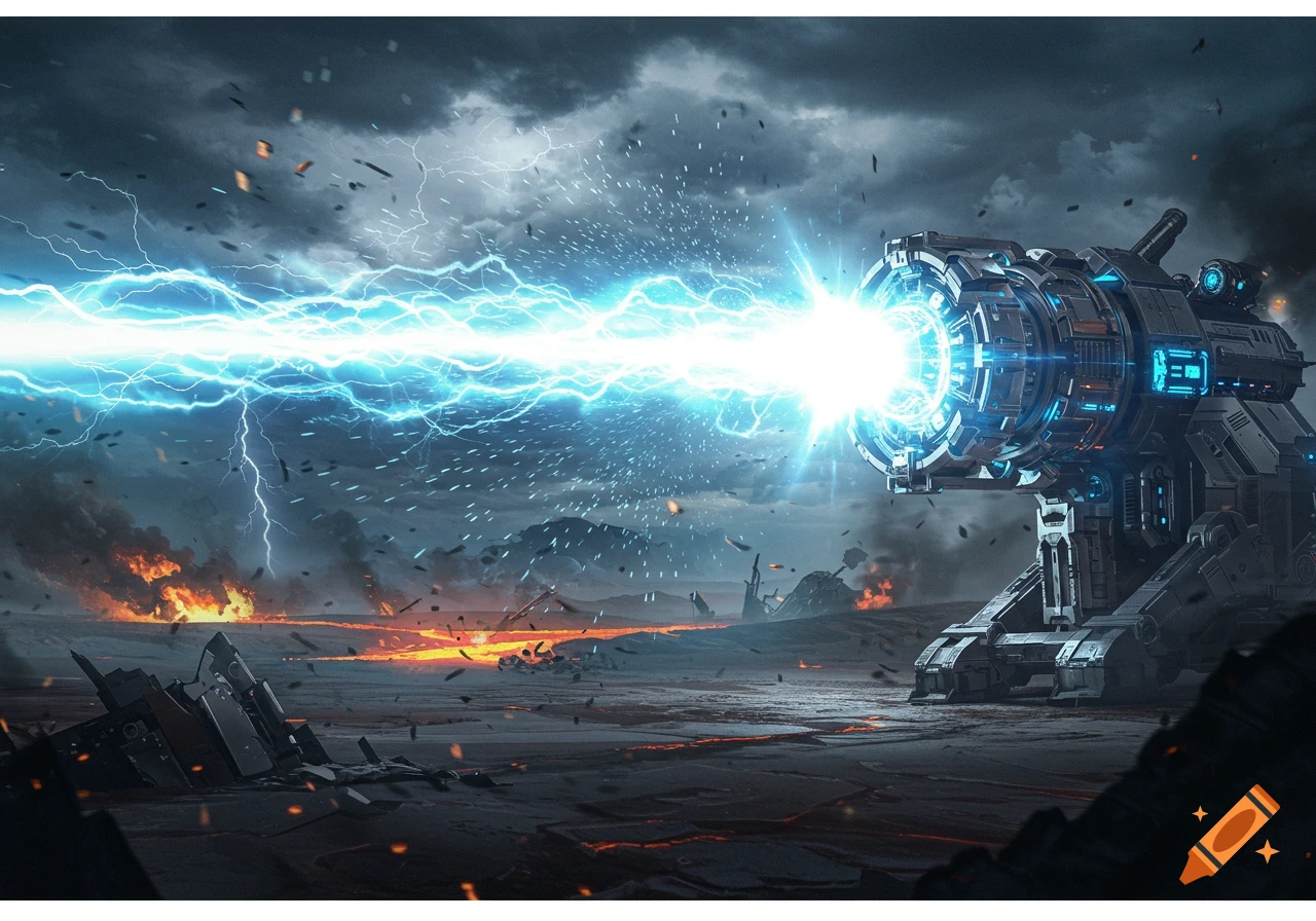A powerful science fiction energy cannon fires a glowing blue beam across a fiery, lightning-struck wasteland, digitally rendered.