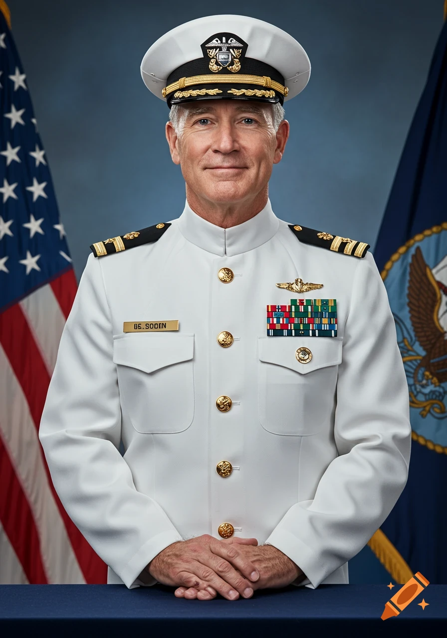 A distinguished man in a white US Navy dress uniform stands in a formal portrait against a blue background with US flags.