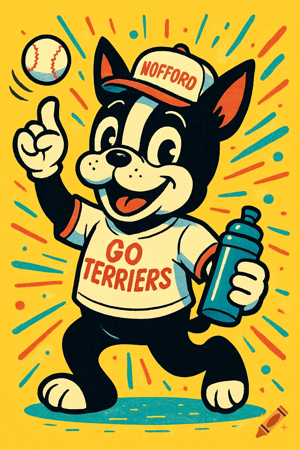 A retro cartoon Boston terrier mascot in a baseball cap and jersey, tossing a baseball, holding a water bottle, against a yellow background with colorful lines.
