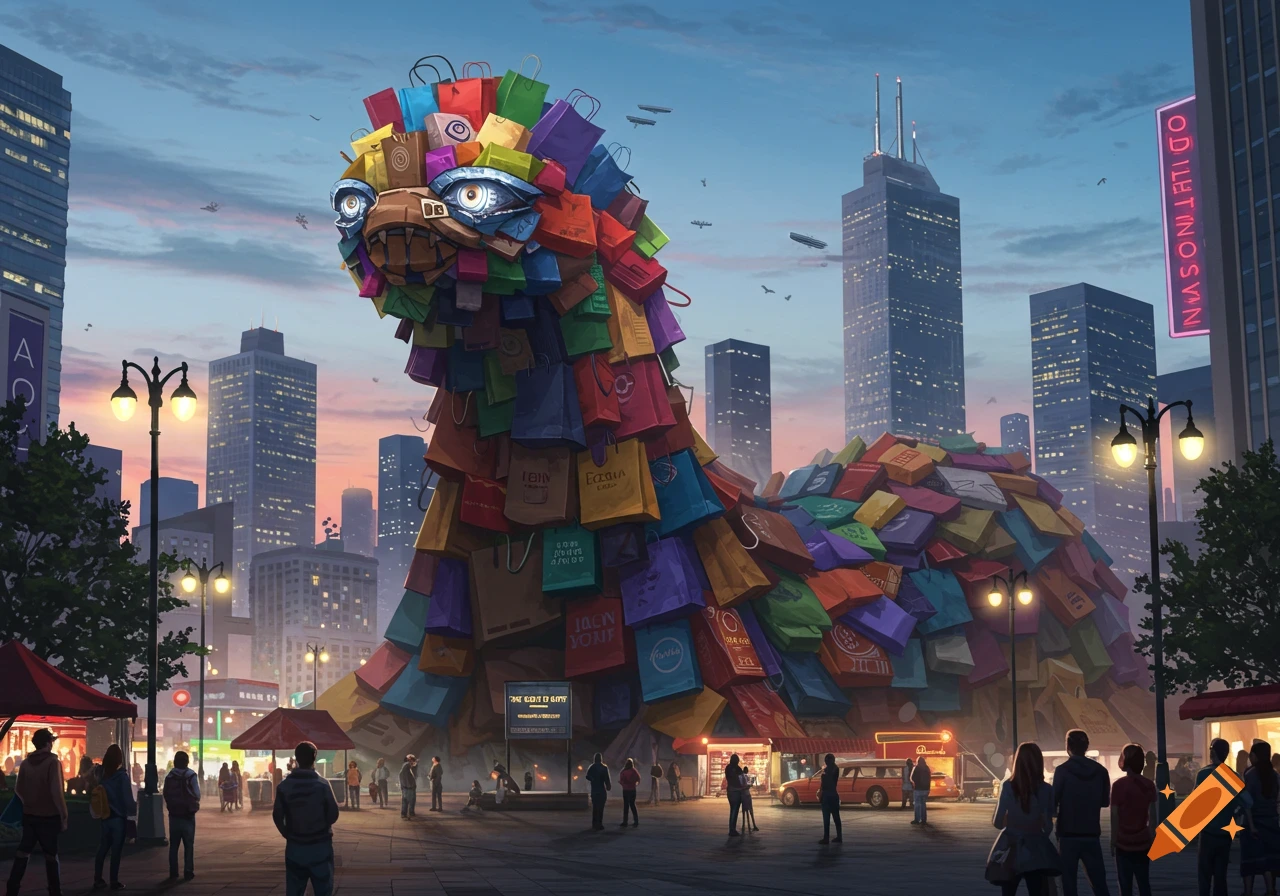 A giant monster resembling a pi 00f1ata or snake, made of colorful shopping bags, stands in a bustling city street at dusk, surrounded by people and tall buildings.