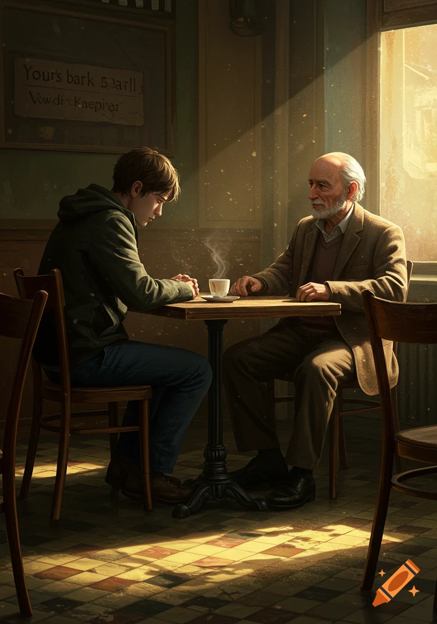 Two men, one young and one old, sit at a table in a dimly lit cafe, bathed in sunlight from a window.