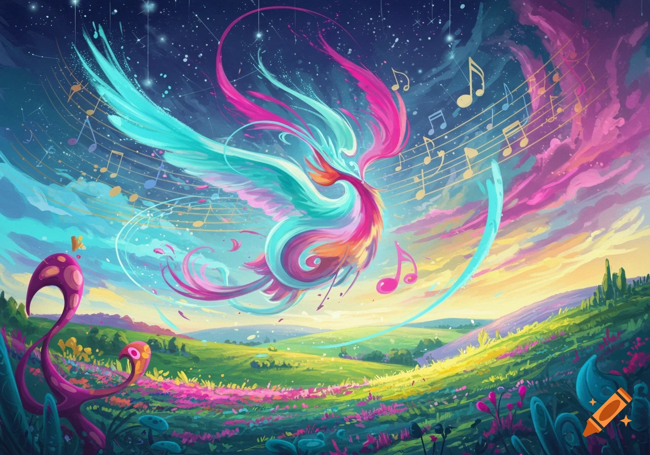 A vibrant, colorful bird-like creature with large wings flies over a surreal landscape with musical notes in the sky.