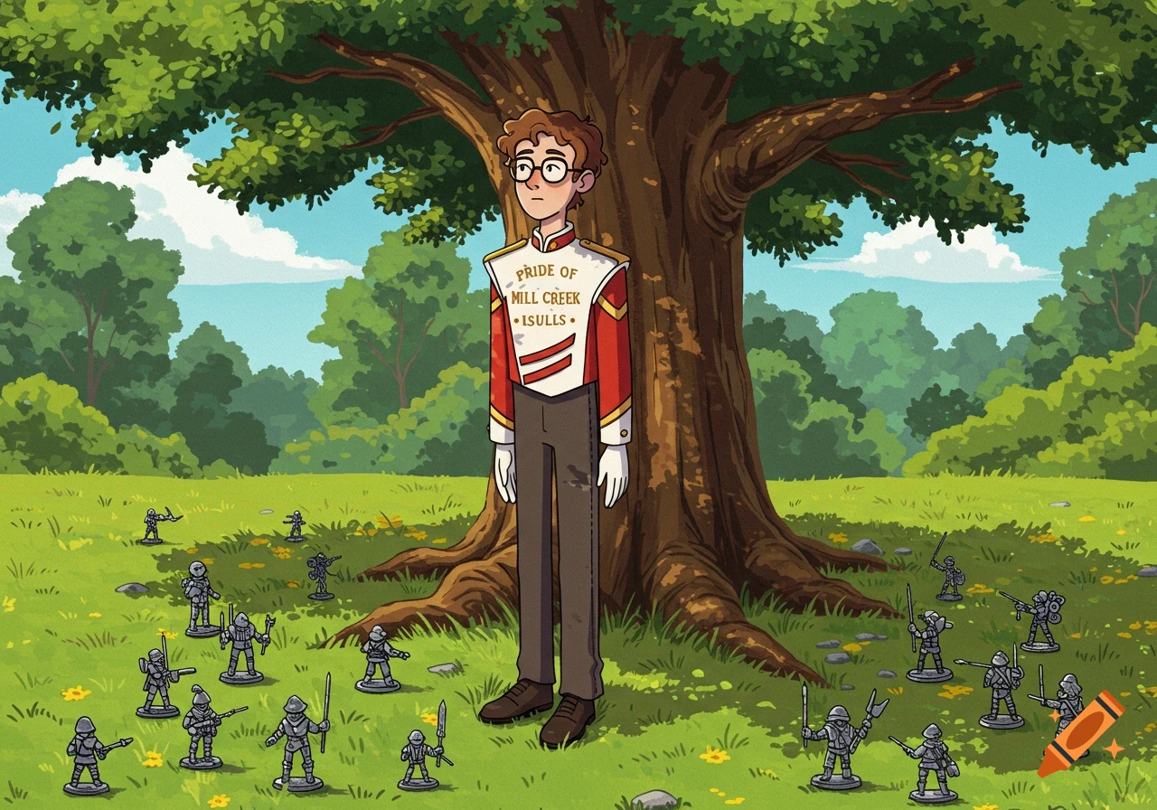 A tall, skinny cartoon boy with glasses and wavy hair wears a red and white marching band uniform, standing under a large tree surrounded by toy soldiers in a grassy field.