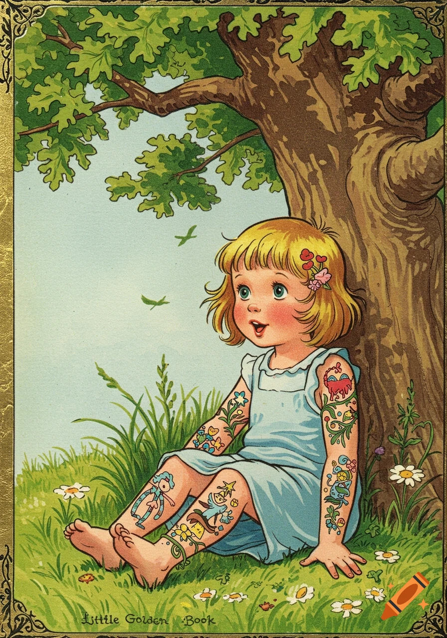 An old-fashioned illustration of a blonde girl with cartoon tattoos sitting on green grass under a large tree.