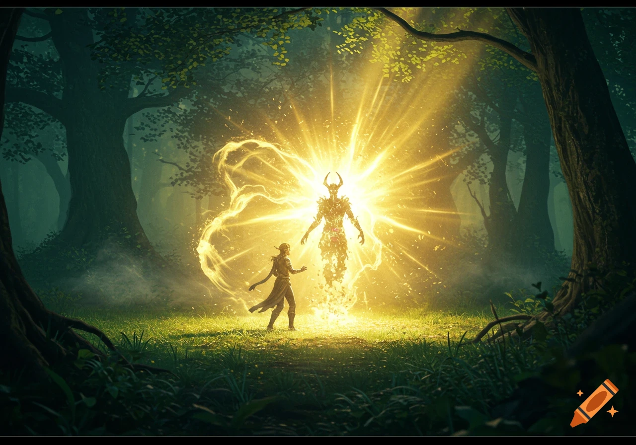 A glowing, horned figure bathed in bright light confronts a cloaked human figure in a dark forest clearing.