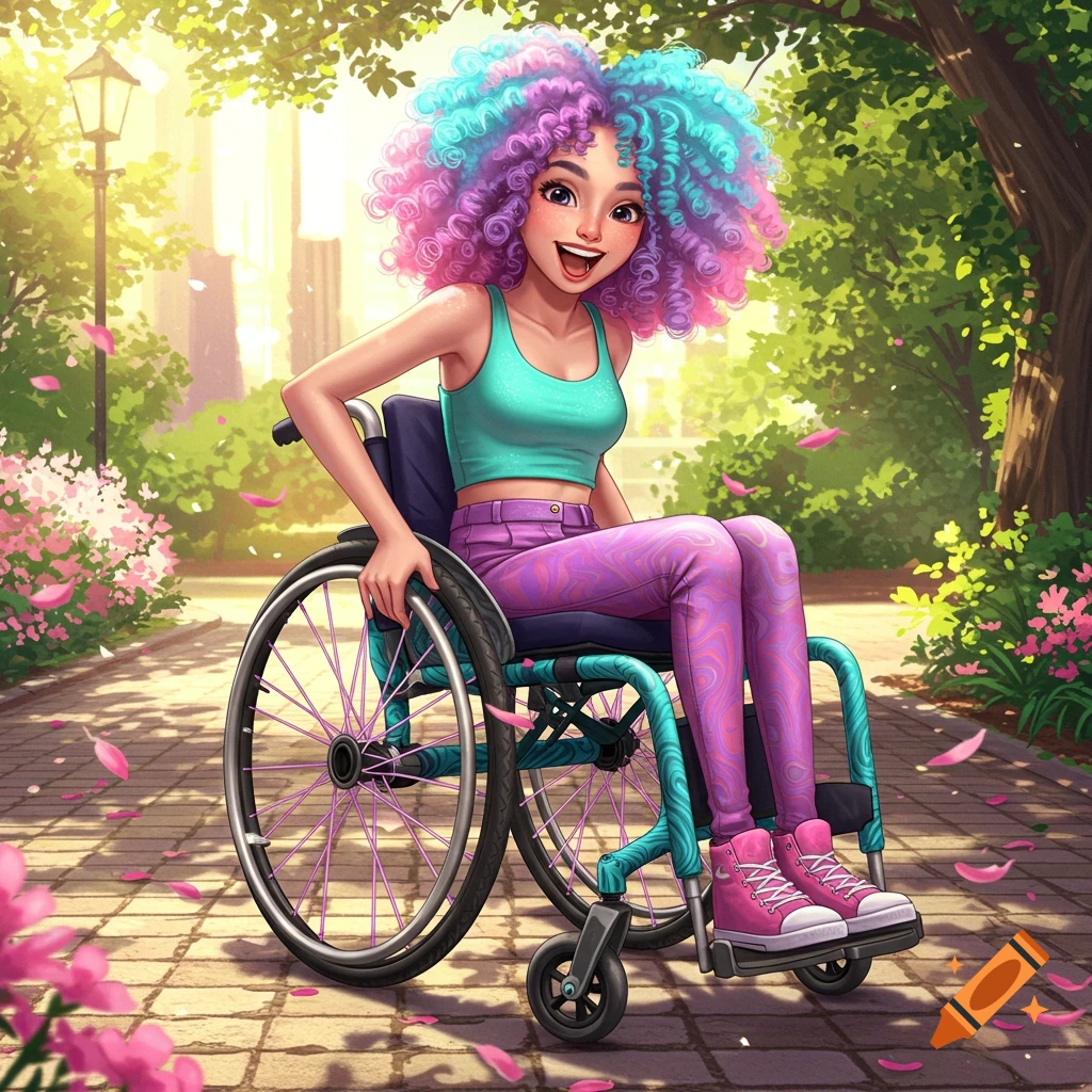 A vibrant illustration of a smiling young woman with multi-colored curly hair in a wheelchair on a park path with pink petals.