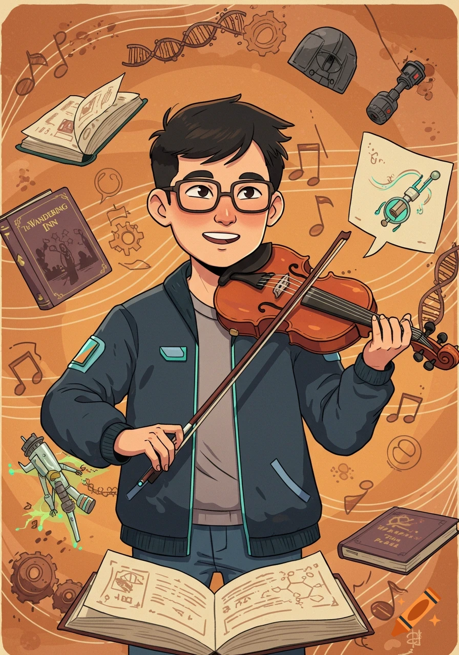 A cartoon illustration of a young man with glasses playing the violin, surrounded by floating musical notes, books (one titled 'The Wandering Inn'), DNA strands, gears, a robot, and a Star Wars-like hilt, against an orange background.