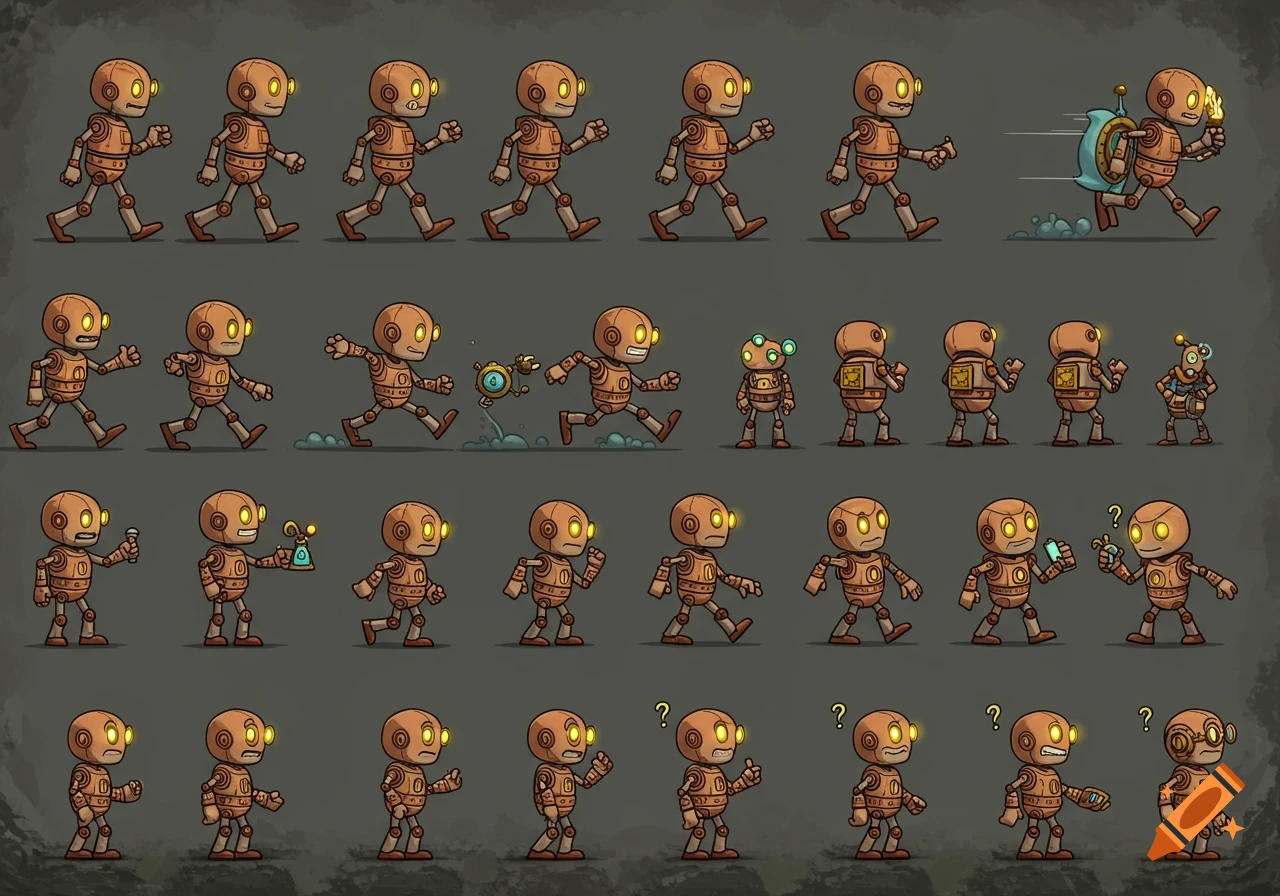 A spritesheet of a cartoon steampunk robot character with glowing eyes, showing various animations like walking, running, and interacting.