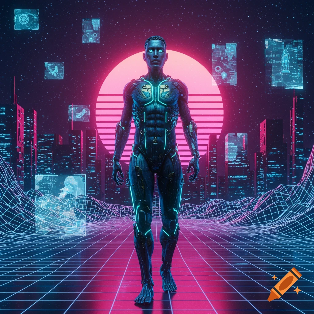 A humanoid cyborg walks on a neon grid plane towards a retro sunset in a futuristic city.