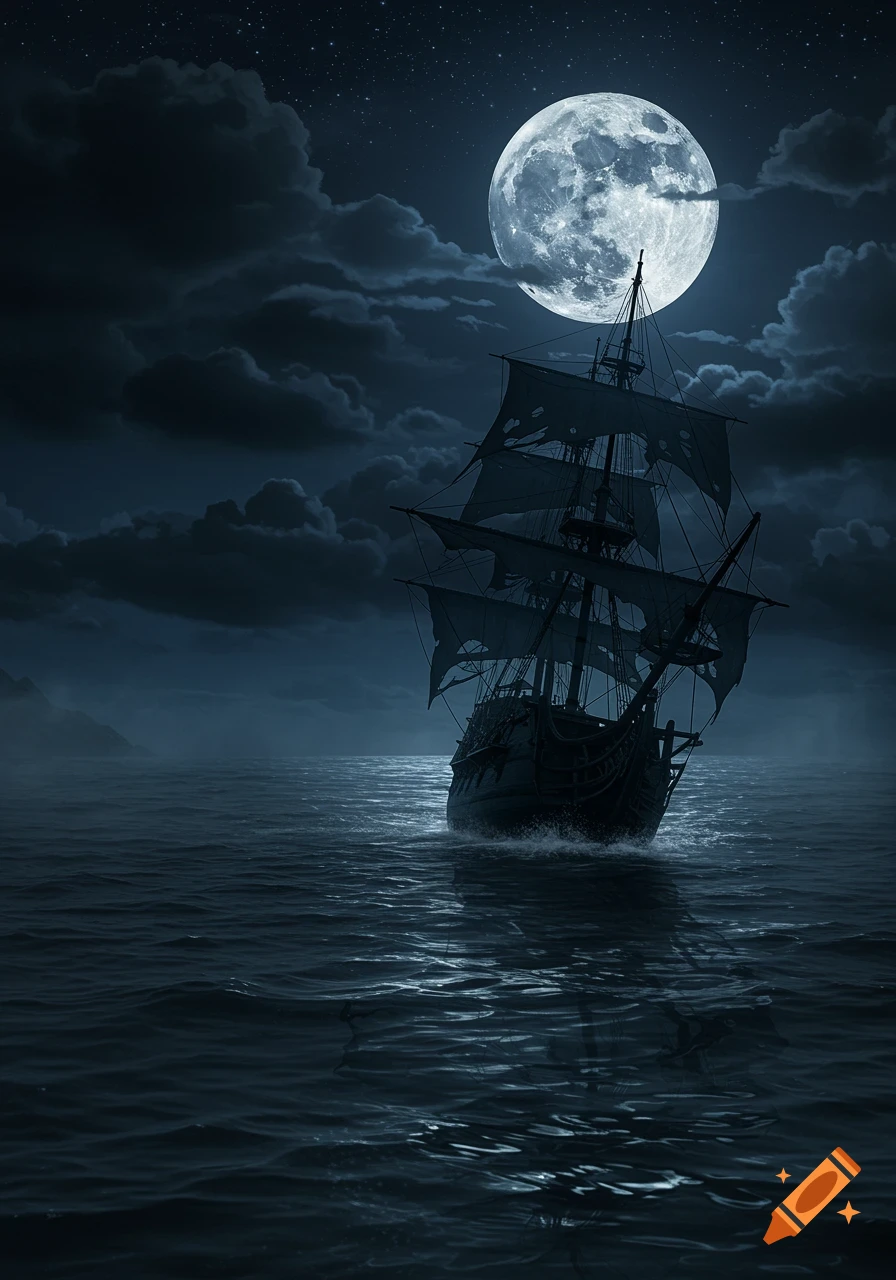 A dark ship with tattered sails sails on a moonlit ocean under a large, bright full moon and cloudy night sky.