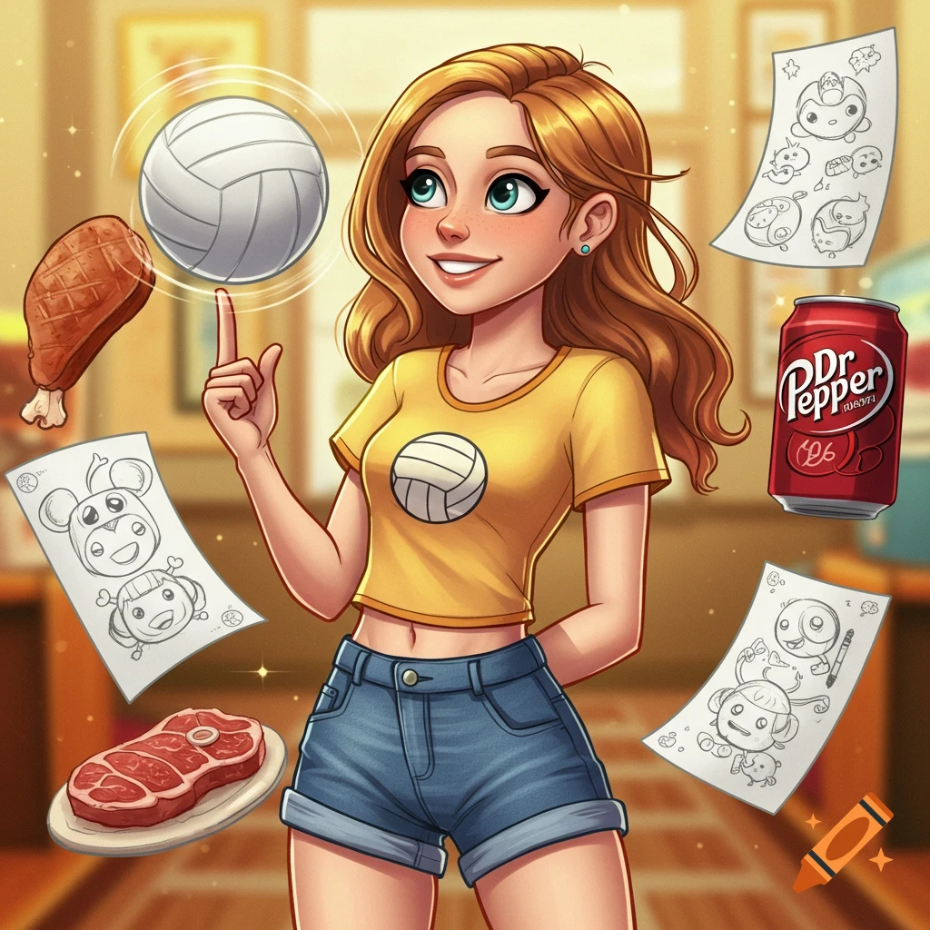 A cartoon young woman in a yellow top and denim shorts balances a volleyball on her finger, surrounded by a drumstick, steak, Dr Pepper can, and drawings.