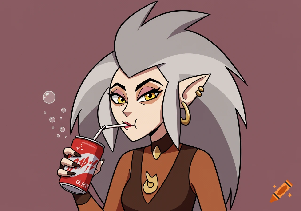 A cartoon character with pointy ears and spiky grey hair sips soda from a red can with a straw, against a purple background.