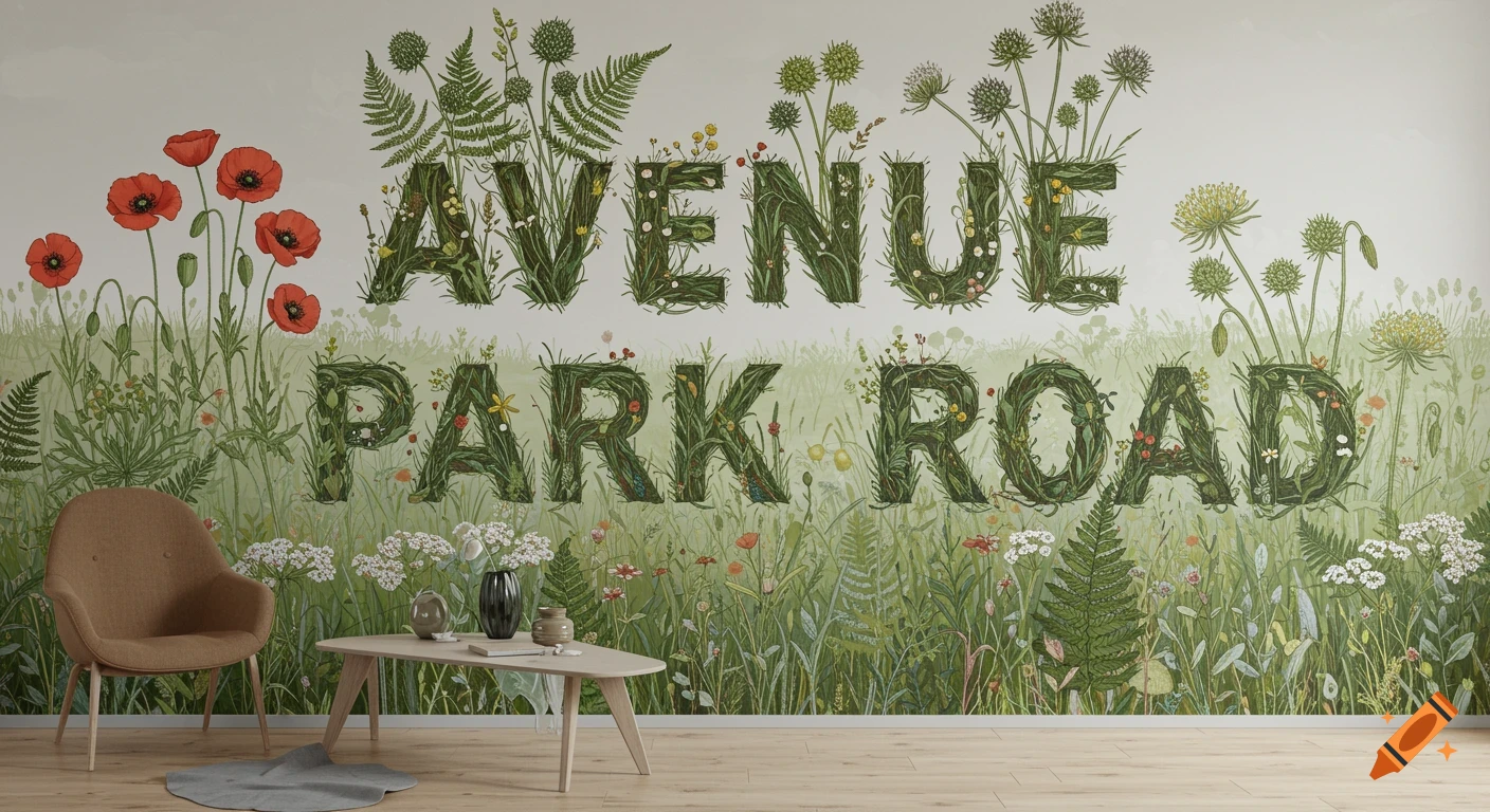 A panoramic mural featuring the words "AVENUE PARK ROAD" formed by lush British plants and flowers on a light green background, with an armchair and coffee table in the foreground.