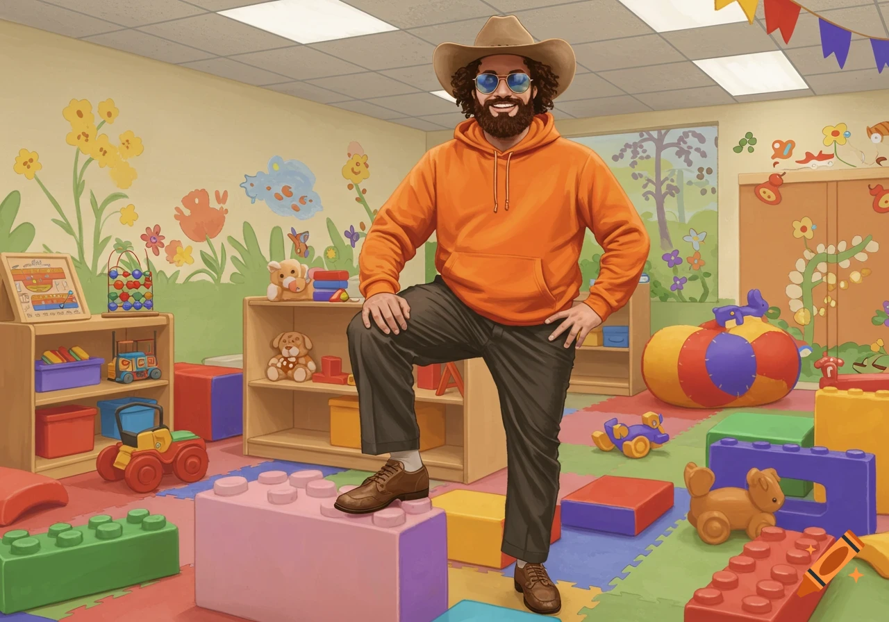 A man with a beard, sunglasses, and cowboy hat wearing an orange hoodie stands in a colorful daycare room filled with large toys, depicted in an illustrative style.