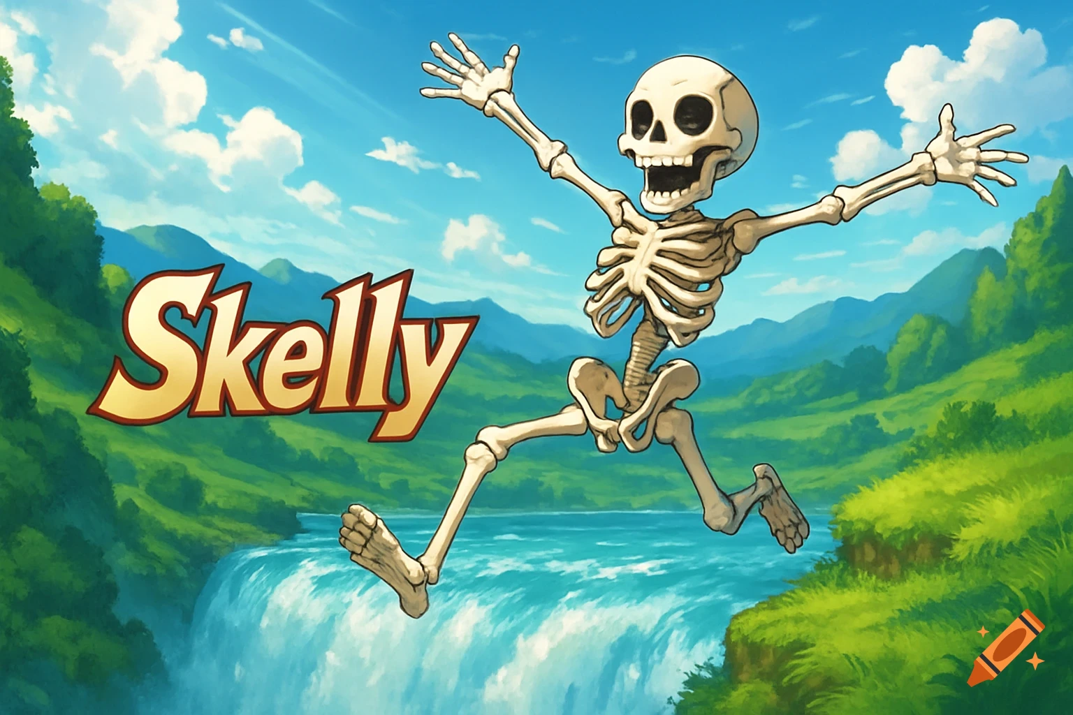 A cartoon skeleton leaps over a waterfall with mountains in the background, text reads Skelly. Anime style.