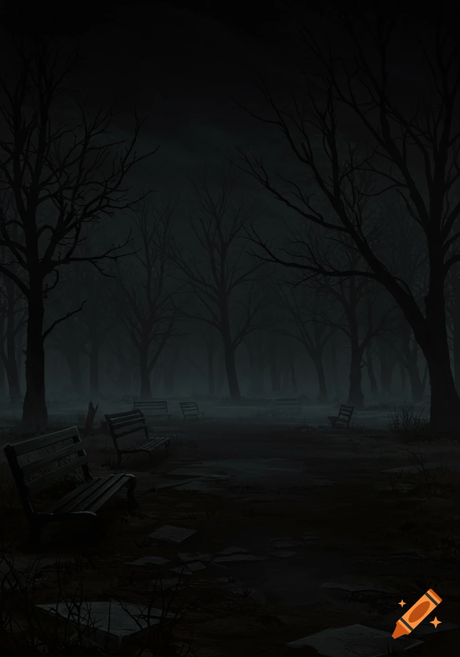 A dark, foggy park at night with silhouetted bare trees and empty benches, giving a liminal and eerie atmosphere.