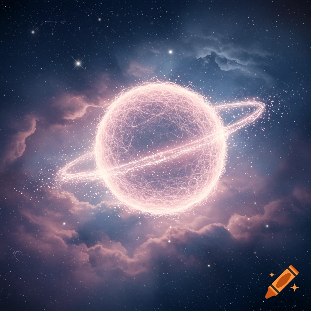 A glowing, ethereal planet with a ring, composed of intricate light lines, set against a dark starry sky with pink and purple cosmic clouds.