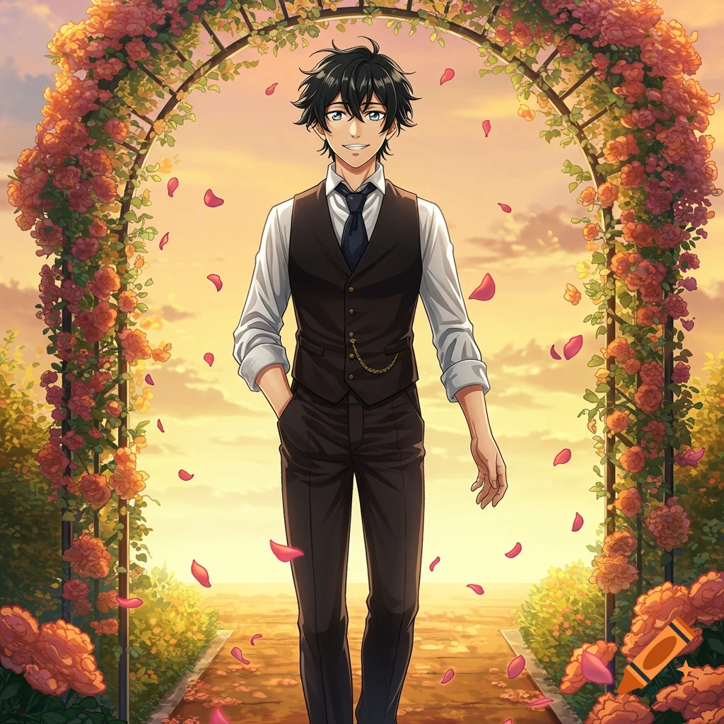 Anime man with black hair and blue eyes, smiling and standing on a path under a rose-covered archway at sunset.