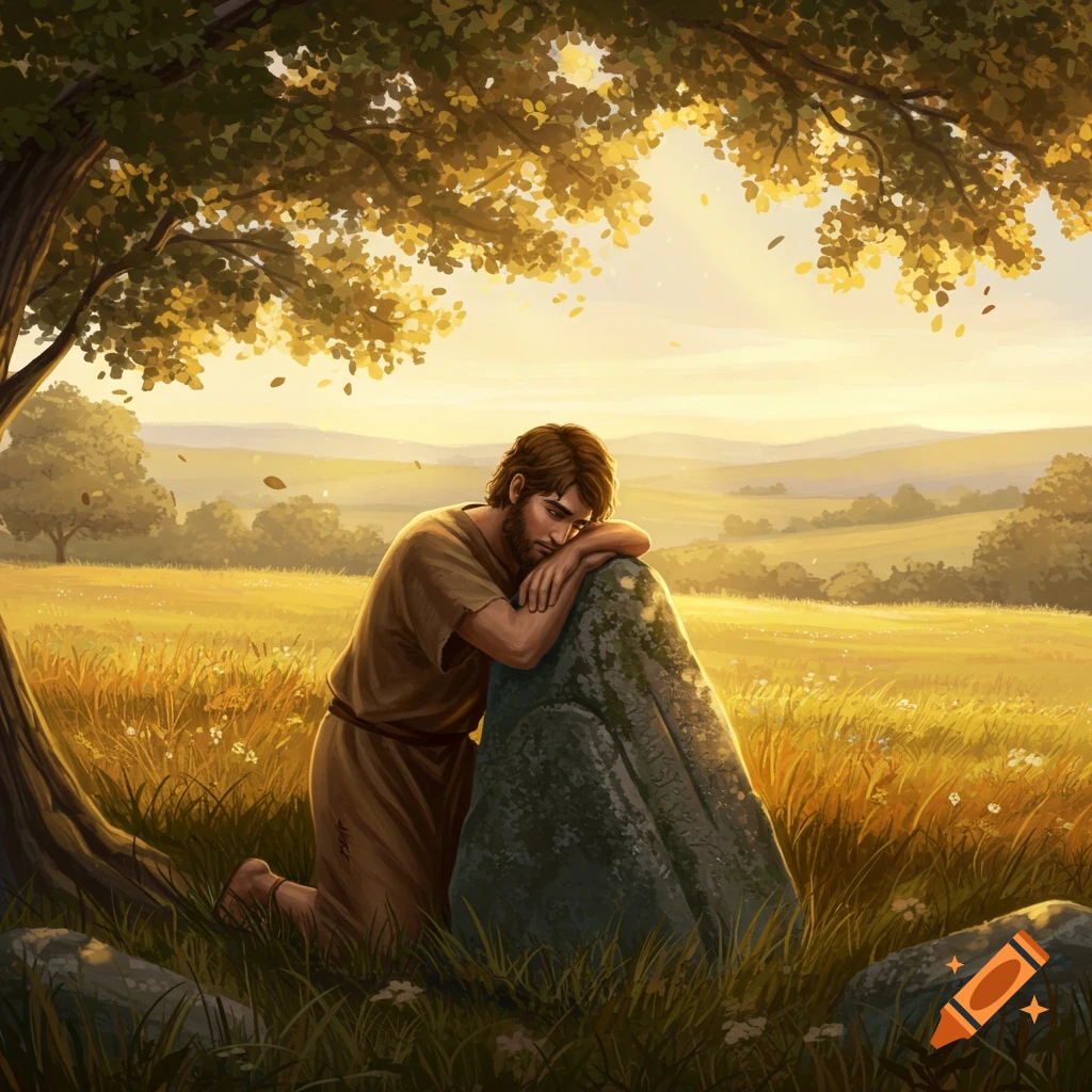 An illustration of a man kneeling by a large stone under a golden-leaved tree in a sunlit field, with hills in the background.