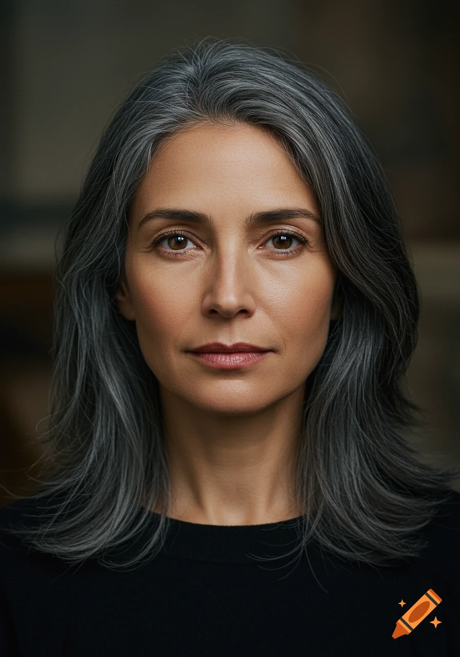 Photorealistic portrait of a woman with long gray hair and brown eyes looking straight ahead.
