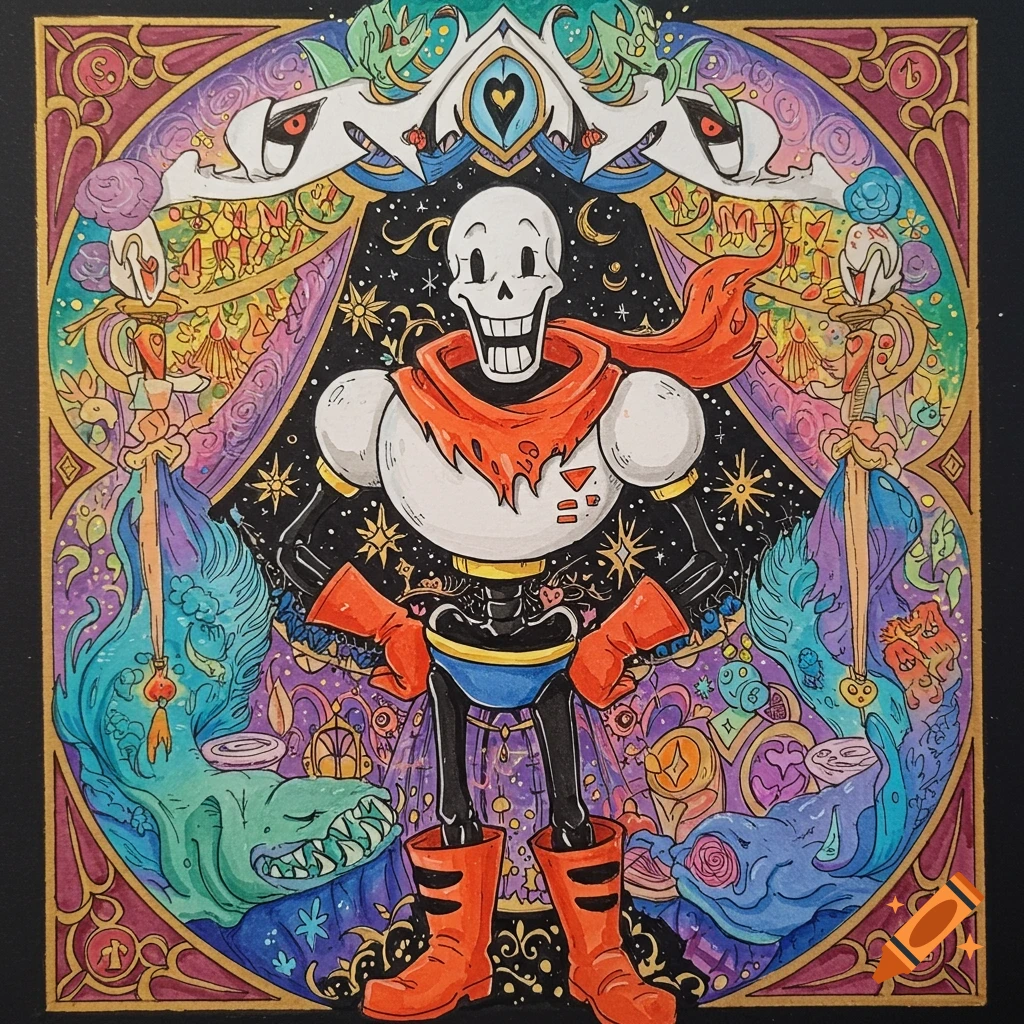 Papyrus from Undertale in a vibrant, intricate art style, surrounded by surreal patterns and creatures in an ornate frame.