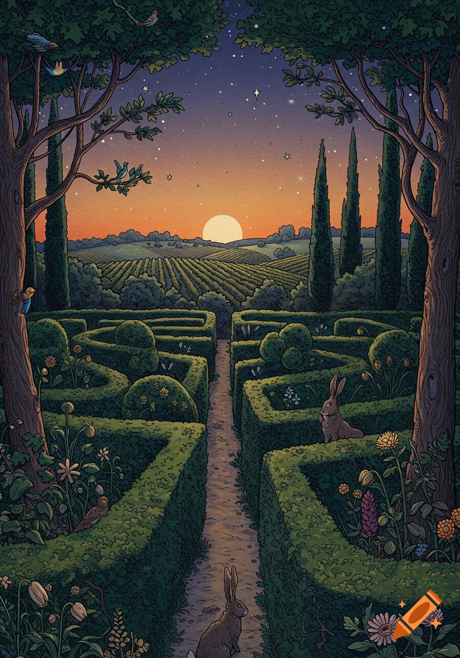 Stylized illustration of a hedge maze garden with rabbits, birds, and a vineyard at sunset under a starry sky.